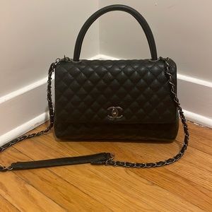 CHANEL BLACK FLAP BAG WITH HANDLE & CROSSBODY